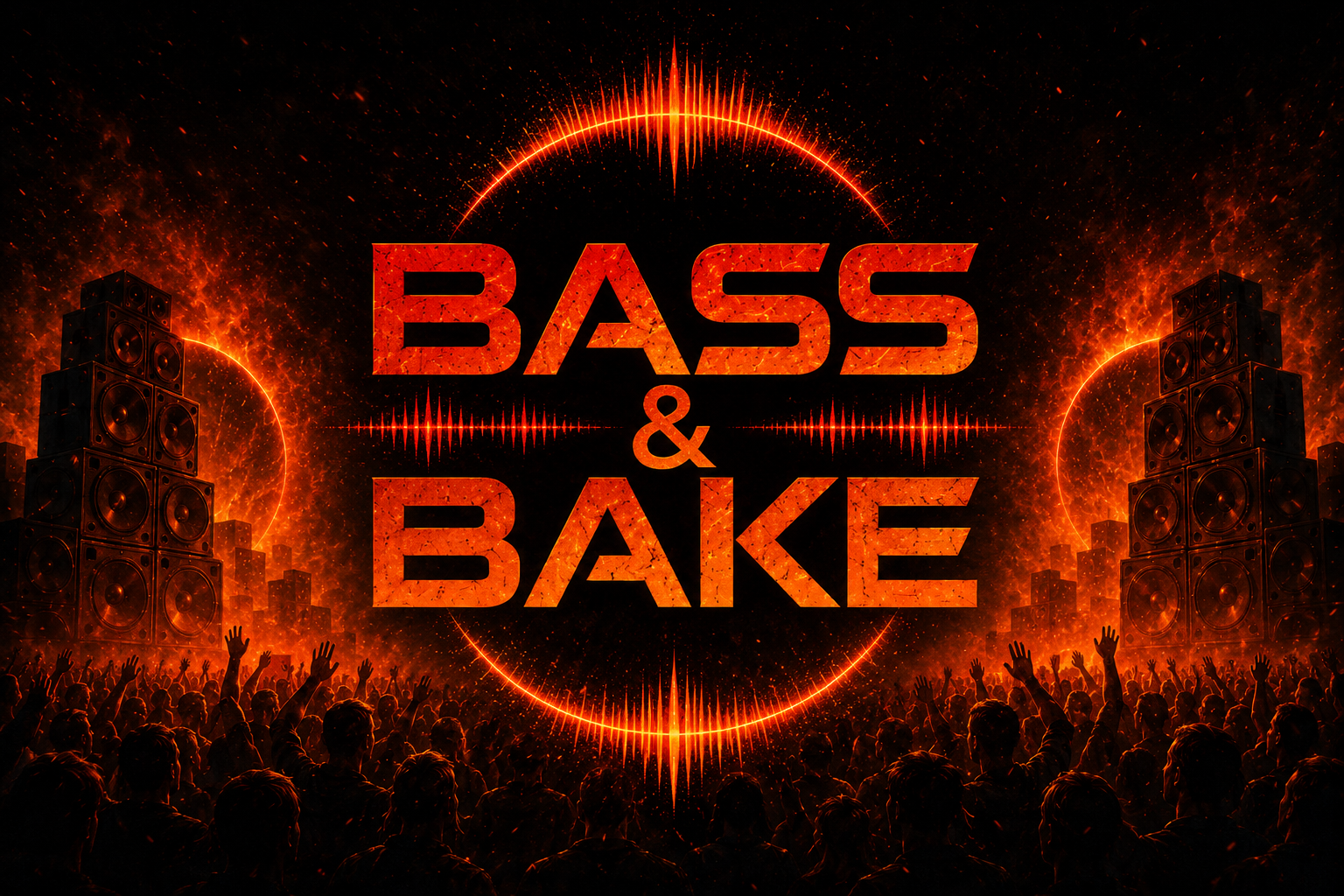 Visuel Bass & Bake avec scène électronique, feu et système son