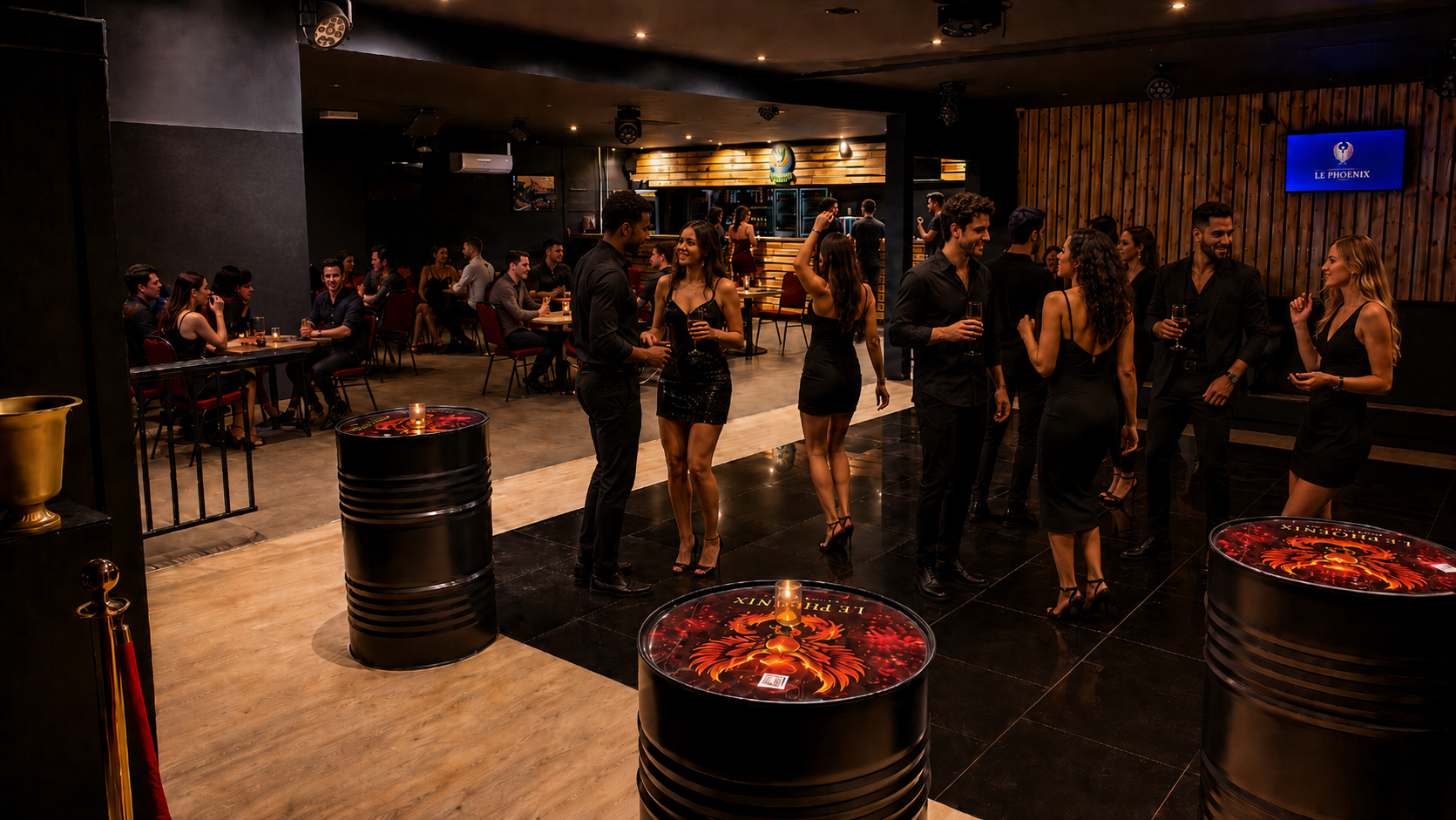 Salle lounge du Phoenix avec bar, tables et invités en début de soirée
